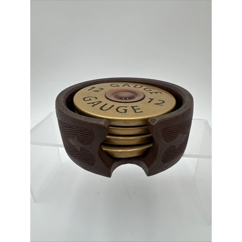 Shotgun Shell 4 Coaster‎ Set + Holder Big Sky Carvers Copper Brass Look Resin